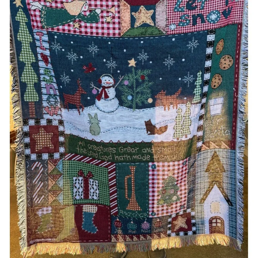 Christmas Tapestry Throw Blanket Snowman Forest Animals Farmhouse Lodge 50x48